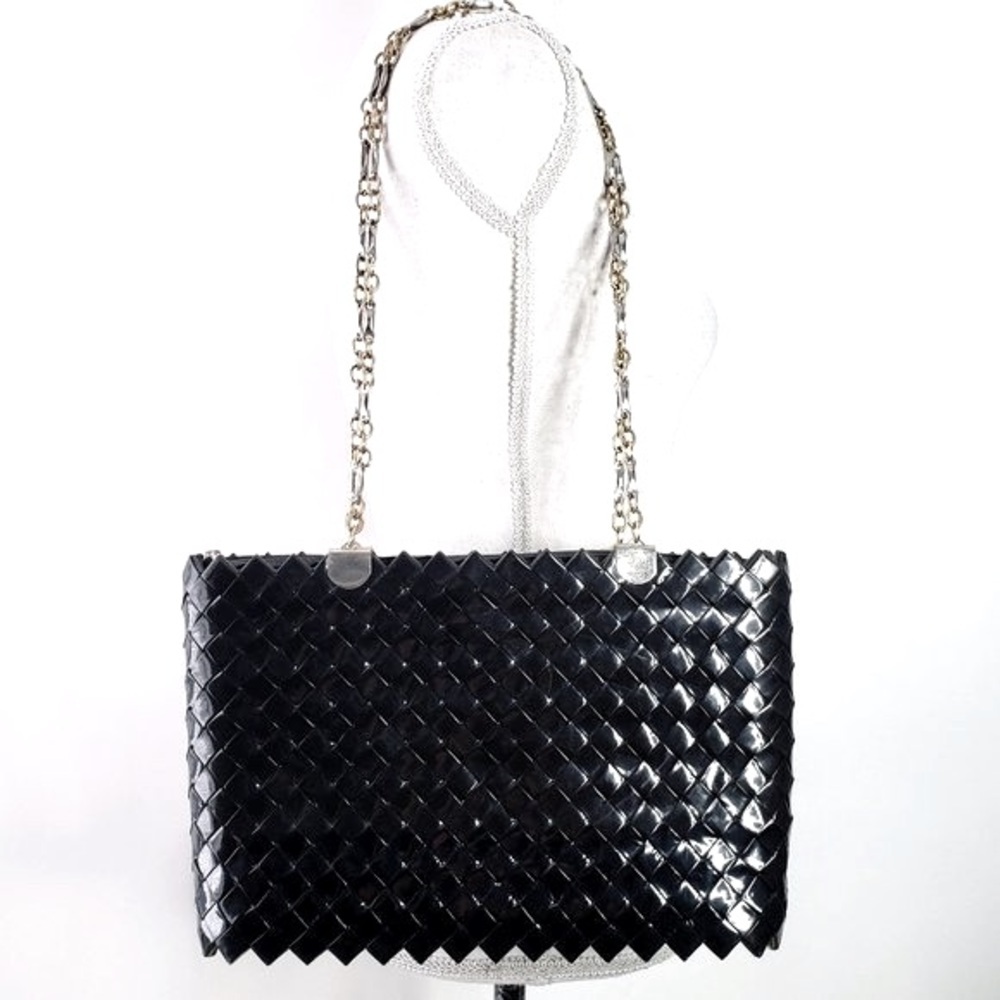 Black‎ Woven Wrapper Wood and Chain Strap Shoulder Tote